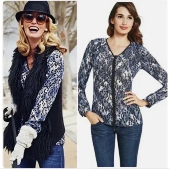 CAbi Fatale Blouse Style 977 Blue Black Leopard Print Long Sleeves Size XS - Picture 10 of 10